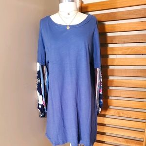 SS0328 L Blue knife Floral bloused sleeve Tunic